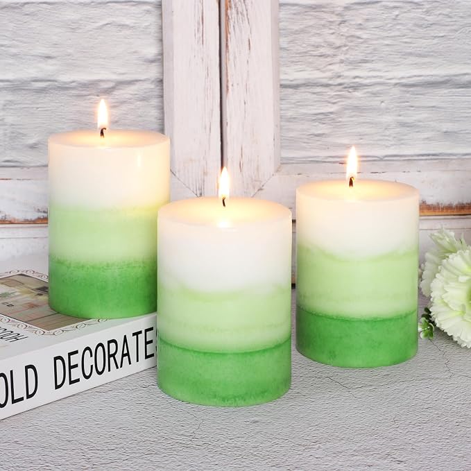 Pillar Candles 3x4 Inch Eucalyptus Scented Hand-Poured Layered Green Gradient Candle Long Lasting Clean Burn Candle for Home Scented Relaxation Spa Holiday Dinner Table Rustic Decor, 3 Pack