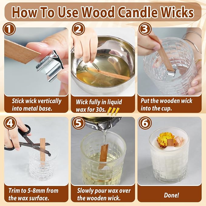 130 Pcs Candle Wicks for Candle Making Kit: 100 Cotton & 30 Wood Wicks with Complete Tool Set (Wick Holders, Wick Stickers, Candle Tabs, Tweezers, Pen), for Soy Beeswax DIY Candles