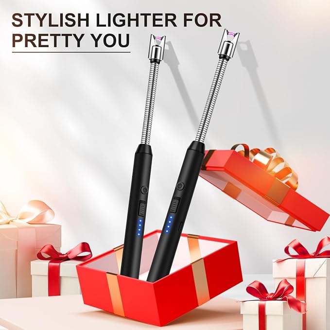 Upgraded 2 Pack Electric Candle Lighter with 360° Flexible Neck & Safety Lock, Windproof USB Rechargeable Flameless Arc Long Lighters for Grill, BBQ, Camping, Fireplace, Stove (Black & Gold)