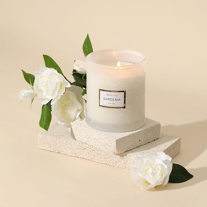Gardenia Candle - White Floral Fragrance | 19 oz Large Soy Wax Candle in Embossed Glass Jar | Long Lasting Decorative Candle for Home Decor Gift for Women