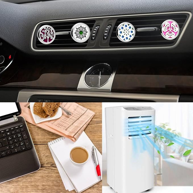 Car Diffuser Vent Clip, 4 Packs Aromatherapy Essential Oil Car Diffuser Vent Clips Magnetic Locket Scent Diffuser with 48 Refill Pads (3 Flowers and Tree)