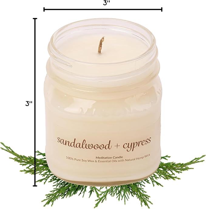 Meditation Soy Wax Candle, Relaxing and Banishing Negative Energy, Non-Toxic Handpoured Glass Jar Candle - Clean Burning, Long Lasting, Candles for Home, Fragrance (Sandalwood + Cypress)