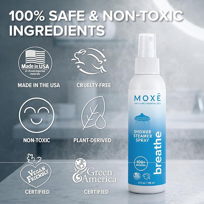 MOXE Breathe Shower Mist, Eucalyptus and Peppermint, Spa Steam Spray, Certified Natural 100% Essential Oils, Made in USA, Aromatherapy, Sinus Congestion Relief, Tension Relief, 4 Ounces (1 Pack)