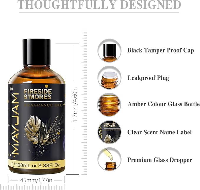 Fireside S'Mores Fragrance Oil Essential Oil, MAYJAM 3.38FL.OZ Fireside S'Mores Oil for Diffusers for Home, Long Lasting Scented Oils for Soap Candle Making - 100ML