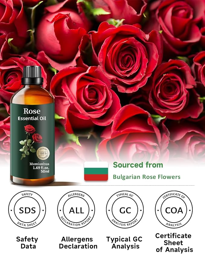 Rose Essential Oil, Pure Mumianhua Natural Floral Oil for Evening Wellness & Skin Radiance, Aromatherapy for Diffuser, Massage, Hair Care, Cologne, Candle & Soap Making – 1.69 Fl Oz