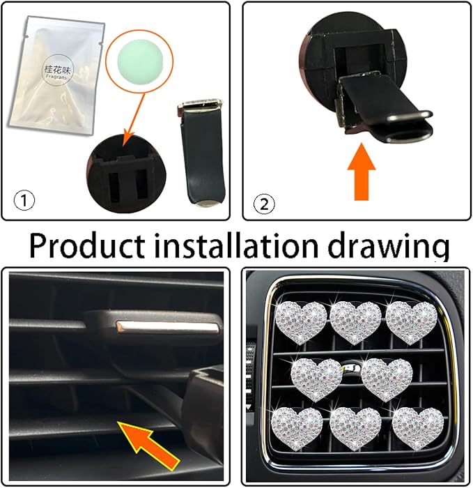 8 Pcs Bling Heart Air Vent Clips, Crystal Car Fresheners, Diffuser With Rhinestone Decoration, Cute Interior Accessories for Women Girls (Silver)