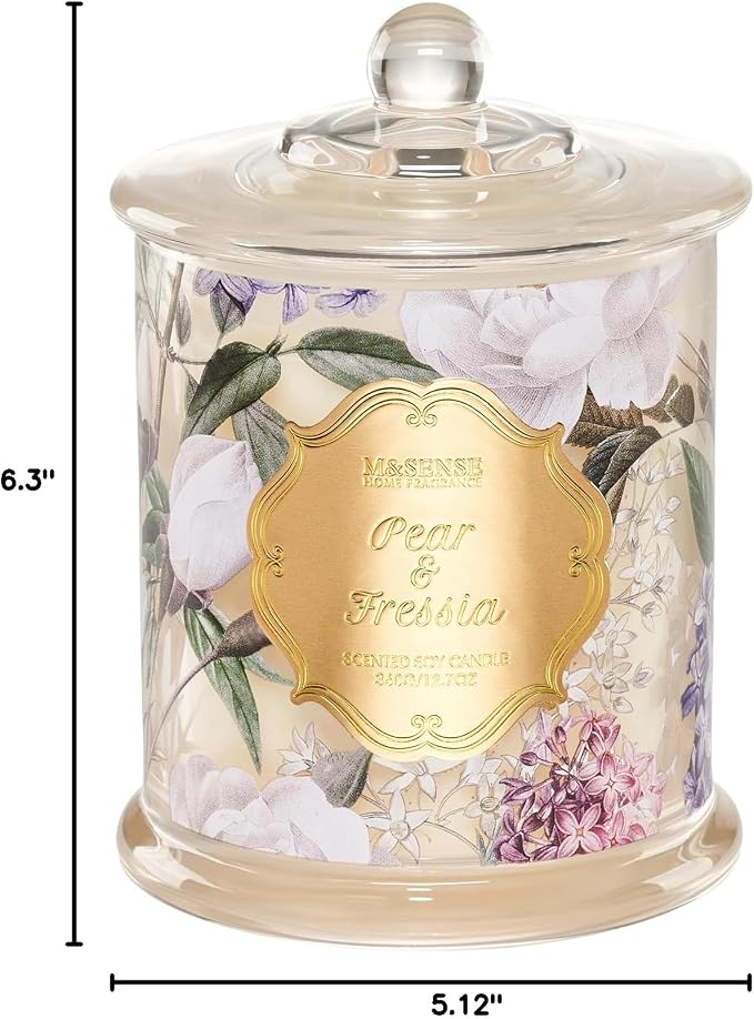 M&SENSE Pear Fressia Scented Candle 12.7oz Stress Relief 2 Wick | Natural Soy Wax, Non-Toxic, Stress Relieving Aromatherapy, Romantic Summer Gifts for Women, 75 Hours