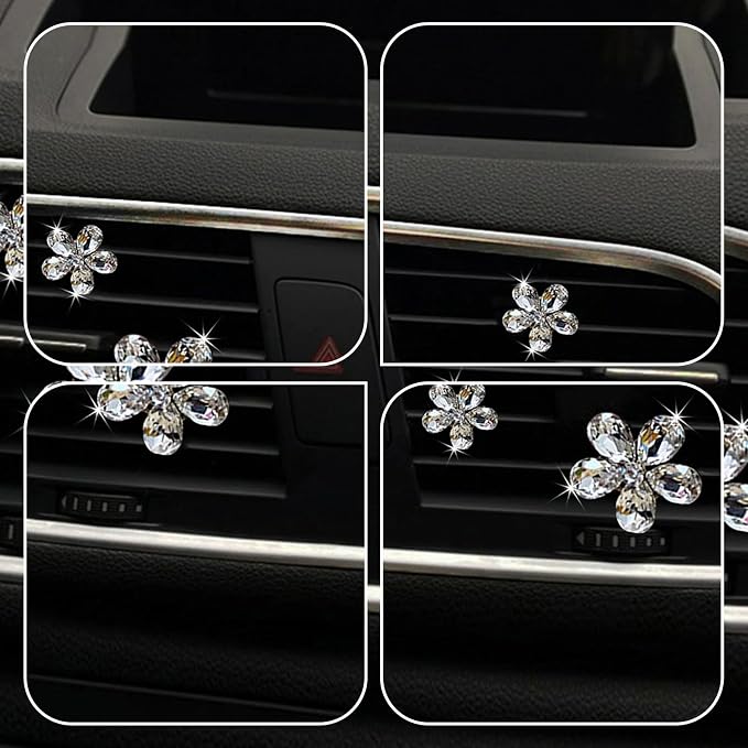 Bling Daisy Flower Car Air Vent Clips, 5PCS Sparkling Crystal Rhinestone Cute Vehicle Air Conditioning Clamp, Diamond Auto Air Outlet Clip Decor for Women Girls (White)