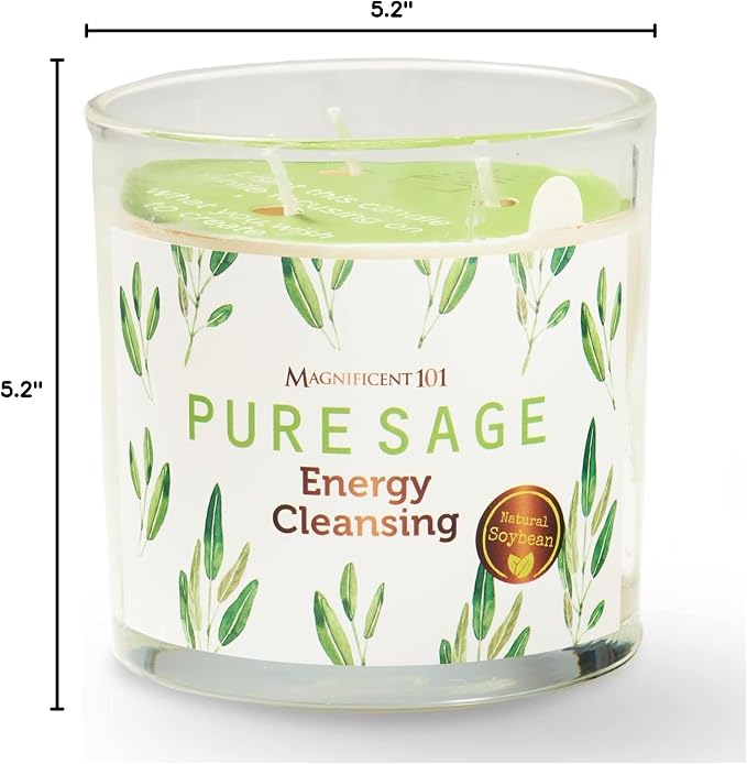 Magnificent 101 Pure Sage Energy Cleansing Aromatherapy Glass Candle for Meditation, Manifestation, and Intention-Setting - 14.5 oz Natural Soy Wax and Essential Oil | 56-Hour Burn Time