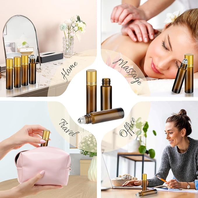 10ML Essential Oil Roller Bottles, 4 Pack Brown Gold Oil Roller Bottles for Essential Oils, Roll on Bottle with Stainless Steel Balls(4 Labels, Opener, Funnel, Dropper Included)