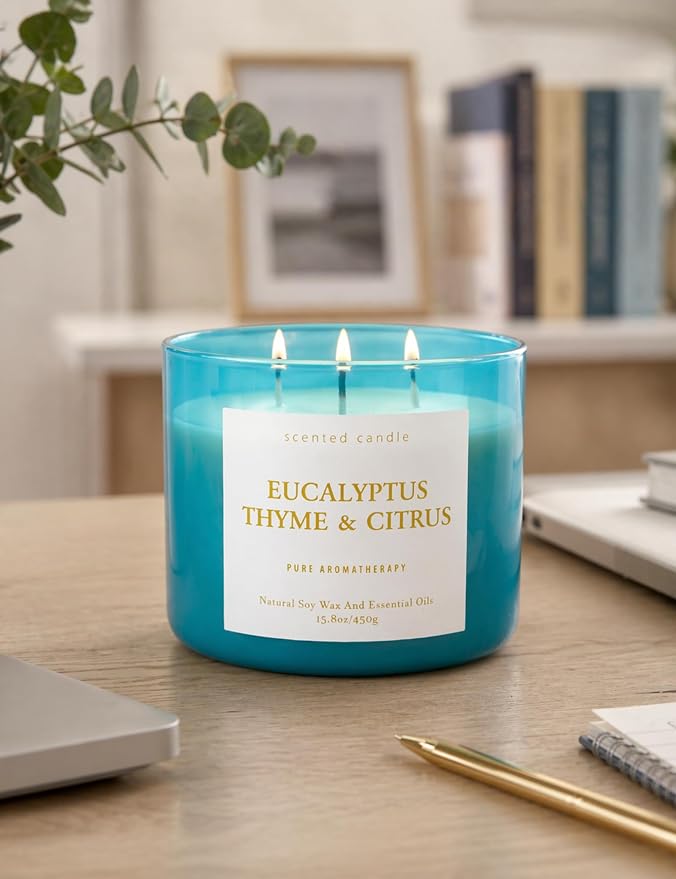 Eucalyptus Thyme Citrus Candle | 3-Wick Large Scented Soy Candle 15.8 oz | Aromatherapy Stress Relief Candles | Relaxing Herbal Spa Scent | Long Lasting Clean Burn