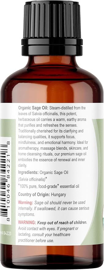 Viva Doria Sage Essential Oil, USDA Certified Organic Sage Oil, 100% Pure, Hungarian Natural Essential Oil, Undiluted, for Aromatherapy | Food Grade, 30 mL (1 Fluid Ounce)