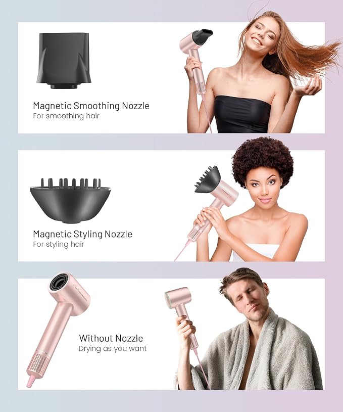 Cosy Companions High-Speed Ionic Hair Dryer, 150000 RPM Brushless Motor for 2-5 Min Fast Drying, Low Noise Blow Dryer Reduces Frizz & Heat Damage, Lightweight Hair Dryer with Diffuser & Nozzle, Pink