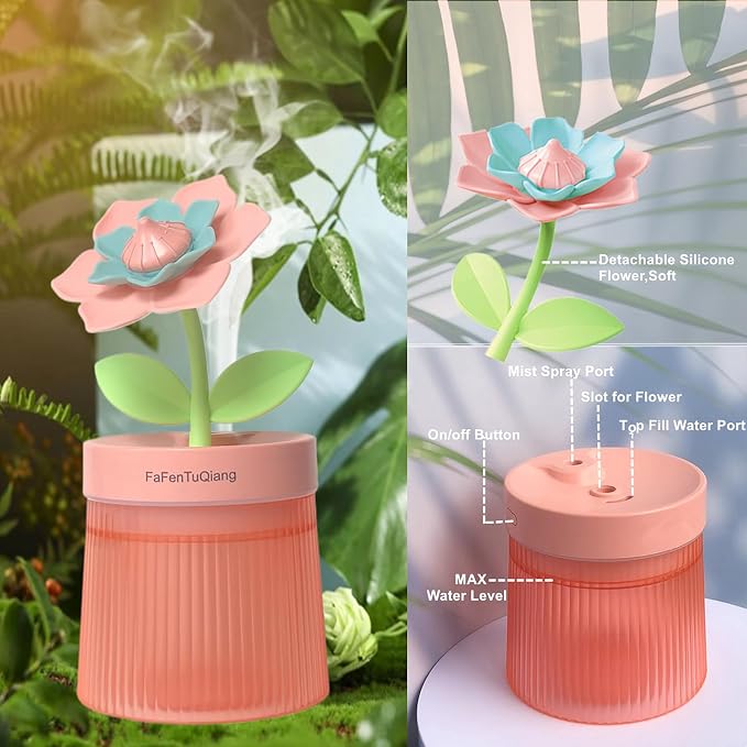 Bedroom Mini Humidifier Cute, Auto Shut Off 260ml With Flower, Cool Mist, 7 Colors Night Light, Quiet, Portable Ultrasonic Essential Oil Diffuser for Plants Office Travel