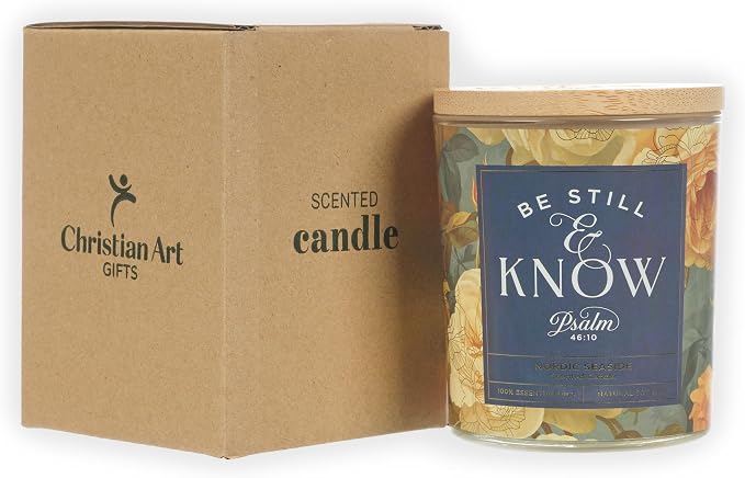 Christian Art Gifts Soy Wax Scented Candle: Be Still & Know Bible Verse, Nordic Seaside Scent, Pure Essential Oils, 4.5 oz, Up to 20 Hours Burn Time, Glass Jar w/Bamboo Lid, Women's Encouragement Gift
