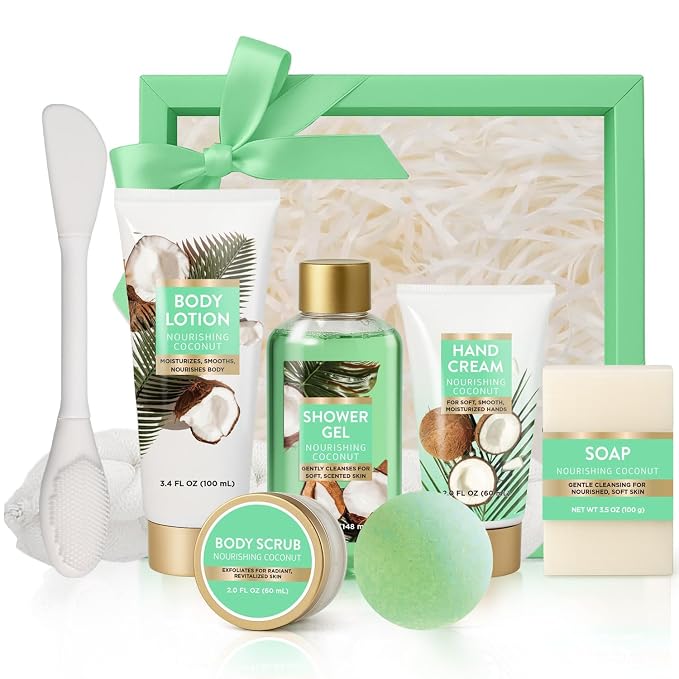 Spa Gift for Women, 8 Piece Luxury Coconut Bath Set with Bubble Bath & Bath Bombs Body Scrub Lotion Hand Cream, Bath Sets for Women Gift, Anniversary Present Birthday Gifts