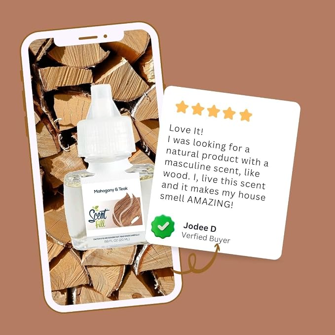 Scent Fill Mahogany Teak Plug in Air Freshener, Scented Oil Refills, 2 Refills + Diffuser