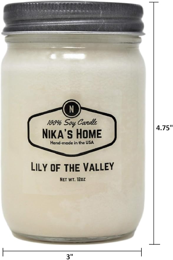 Nika's Home Lily of The Valley Soy Candle - 12oz Mason Jar - Non-Toxic - Hand Poured in The USA, Long Burning 50-60 Hours Highly Scented All Natural, Clean Burning