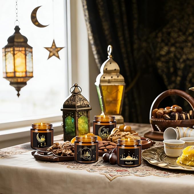 12 Pcs Ramadan Mubarak Scented Candle Set - Eid Candles for Home Decor, Aromatherapy Islamic Gifts for Women & Family, Mosque-Inspired Jar with Islamic Lanterns & Stars, Brown Soy Wax