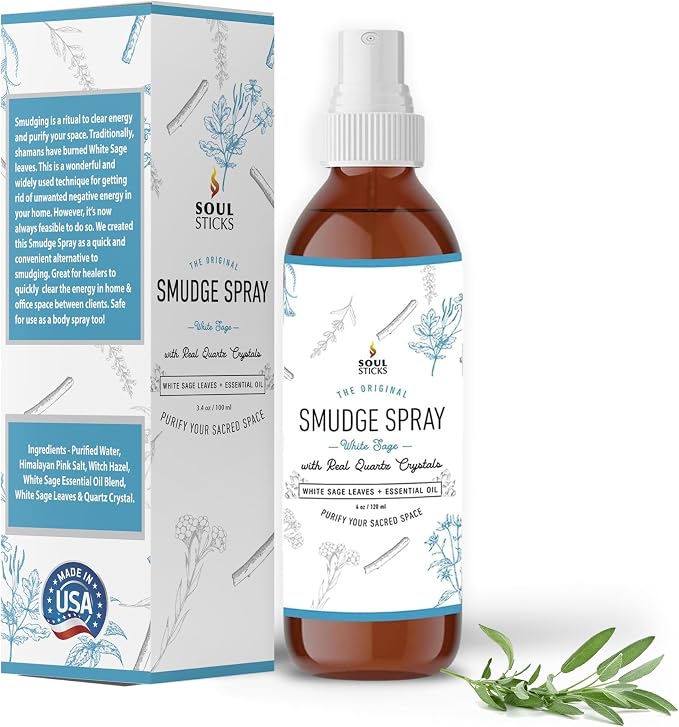 SOUL STICKS White Sage with Pearl Smudge Spray – 3.5oz Smokeless Energy Mist – Quartz Crystal & Pearl Infused Aura Cleanser – Spiritual Spray for Emotional Balance, Protection & Inner Peace