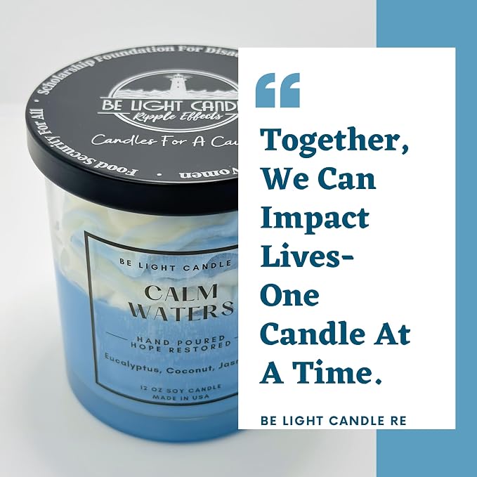 Coastal Beach Candle | Purpose-Driven Soy 12oz Scented Non-Toxic | Gifts for Women | Blue Aesthetic | Decorative Cute Candle | Be Light Candle RE (Calm Waters)