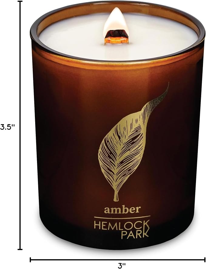 Hemlock Park Amber Amber & Gold Scented Candle | Crackling Wood Wick, Botanical Fragrance & Coconut Apricot Wax | Up to 50 Hour Burn Time | 7.2 oz | Made in USA