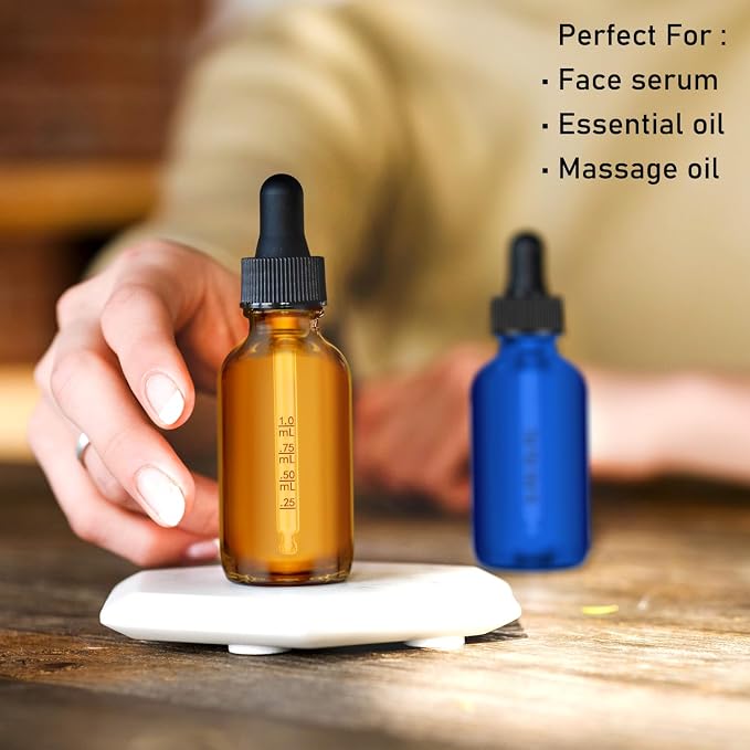 Bumobum Glass Dropper Bottles, 2 oz Amber and Blue for Essential Oils With Funnel, Labels & Pipette - 2 Pack Eye Tincture Dispensing Bottle With Measured Dropper