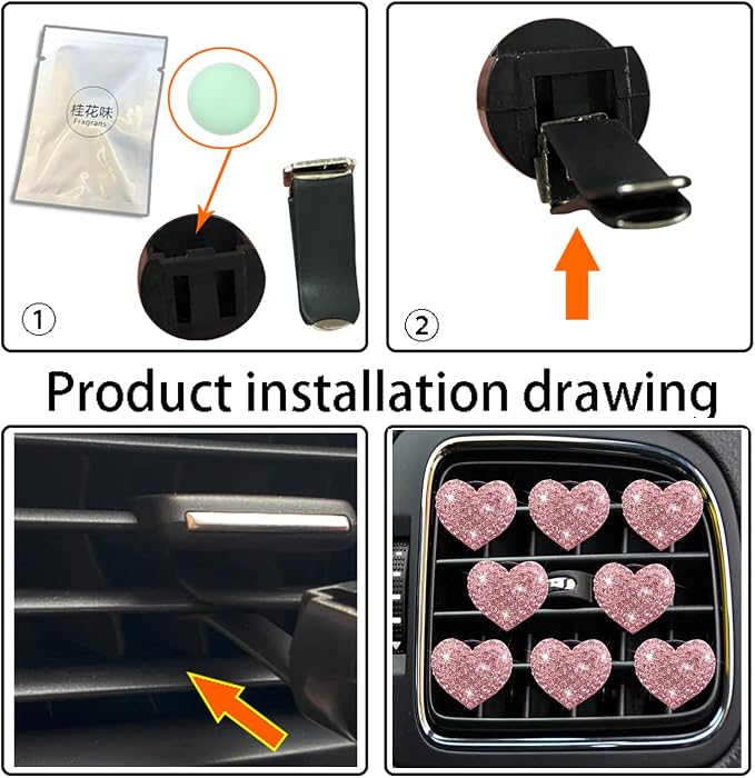 8-Pc Bling Heart Air Vent Clips, Crystal Heart Air Fresheners Vent Clip Rhinestone Car Decor - Cute Car Accessories for Women & Girls (Pink)