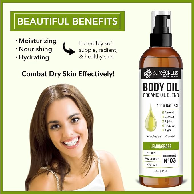 pureSCRUBS Ultra Moisturizing Lemongrass Body Oil for Dry Skin, Lightweight Full Body Moisturizer for Soft, Silky Skin, Massage & Cuticle Oil, Vitamin E Enriched, 4 oz
