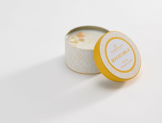 Luxury Candle Tin, 4 OZ, Recharge - Citrine Crystal Infused - Scents of Lemongrass, Geranium, and Basil - Happiness, Manifestation, & Abundance - Coconut Wax Blend, Essential Oils