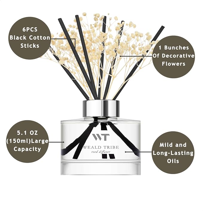 WEALD TRIBE Flower Reed Diffuser Set White Jasmine Scent for Bathroom Accessories Shelf Decor & Air Fresheners, Fresh Air Sticks Defusers with 5.1 fl oz Essential Oils, House Office Decor & Gifts