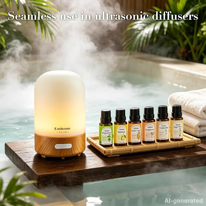 Fashome Energizing Essential Oils Set, 6-Pack,10ml for Diffusers & DIY | Citrus & Floral Aromatherapy Oils for Home Office & Focus - Peppermint, Sweet Orange, Lemon & Frankincense