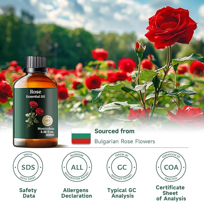 Rose Essential Oil, Pure Mumianhua Natural Floral Oil for Self-Care & Skincare, Aromatherapy for Diffuser, Hair, Massage, Cologne, Soap & Candle Making – 3.38 Fl Oz