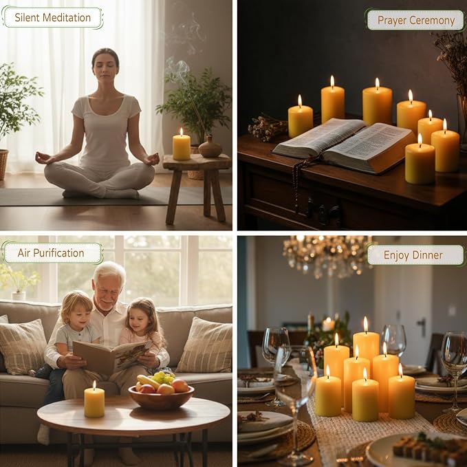 Natural Beeswax Candles Set of 4, Handmade Beeswax Pillar Candles Set, 4 Sizes, 100% Pure Unscented Bees Wax Candle, Honey Aroma Pillar Candles Bulk, for Calming, Relaxing, Air Purification