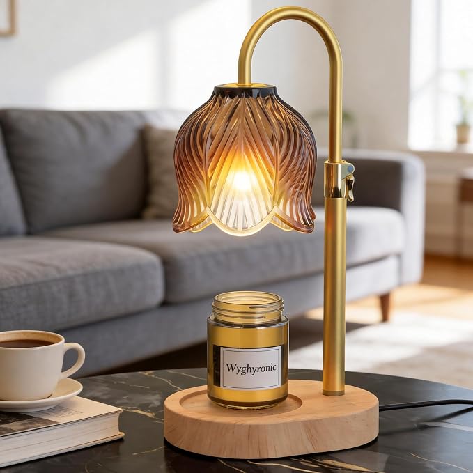Candle Warmer Lamp with Adjustable Height - Flameless 4-Level Dimmable Wax Warmer, Timer Function & Stylish Design in Multiple Colors (Brown Wooden Base)