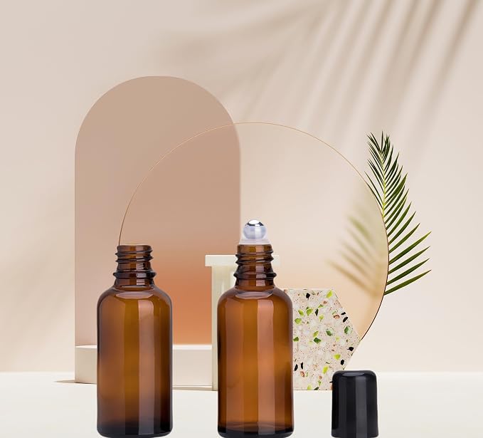 4 Pack 30mL Amber Glass Essential Oil Roller Bottles,Refillable Massage Roll on Bottles with Stainless Steel Roller Balls,Empty Travel Roller Containers for Sample Perfumes Lip Balms Aromatherapy