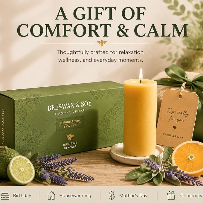 Bergamot Beeswax Candle 2.8x6 Inch, Non Toxic Scented Pillar Candle 100 Hour Burn Time, Natural Bees Wax Aromatherapy Candle for Relaxation, Stress Relief, Sleep, Meditation
