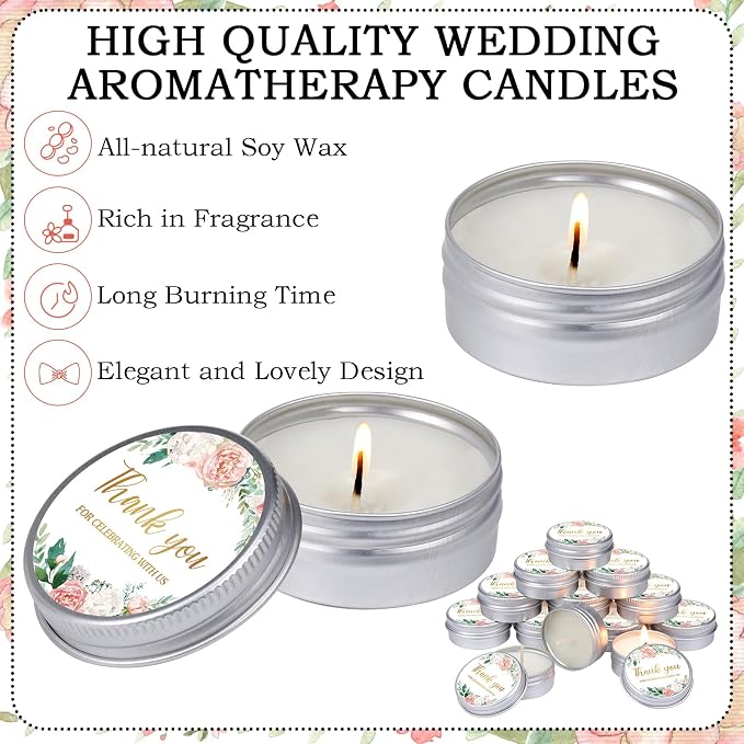 MTLEE 50 Pcs Pink Floral Wedding Candles Gift Favors for Guests 1 Oz Lavender Scented Soy Wax Aromatherapy Candle Favors for Bridal Shower Rustic Wedding Party Guests(Boho Floral)