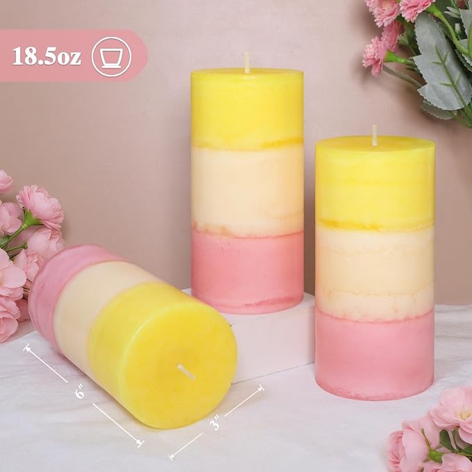 Sweet Honeysuckle Scented 3x6 Inch Pillar Candles Yellow White Pink Layered Aesthetic Decorative Home fragrances Candle for Spring Living Room Bathroom Party Decor, Set of 3