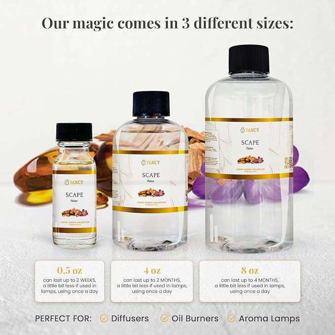 YANCY Scape Luxury Collection Fragrance Oil (8 oz), Sandalwood and Amber Scent, Versatile Aroma for Diffusers, Oil Burners & Aroma Lamps, Premium Fragrance Oil for Relaxing Home Ambiance