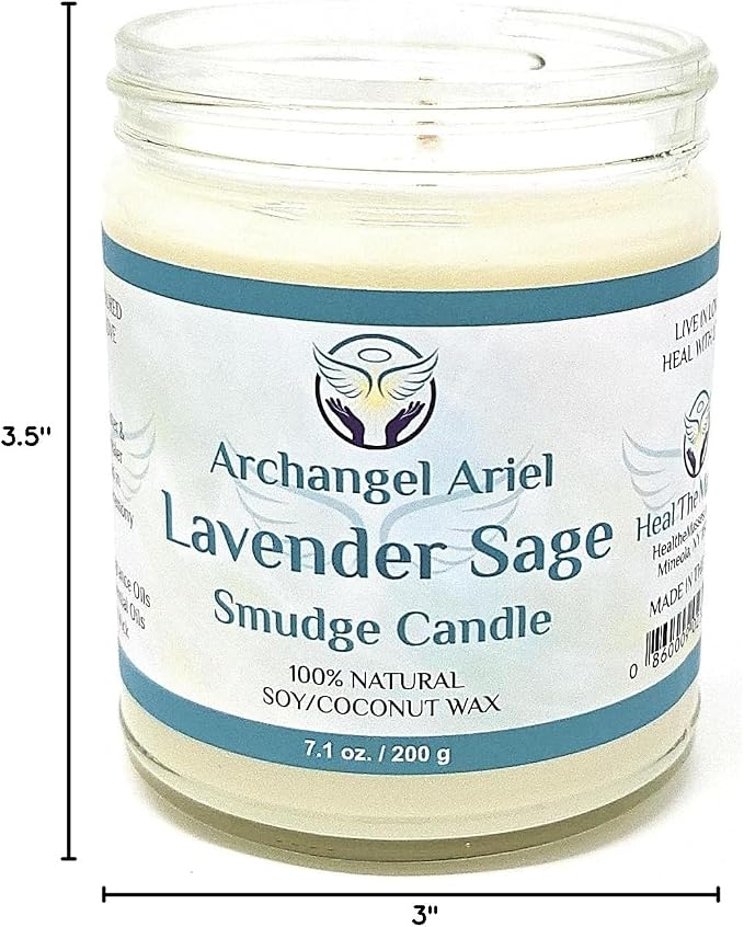 Heal The Masses Lavender Sage Candle - Archangel Ariel Candle for Chakra Healing & Energy Cleansing - Reiki Charged White Sage for Home (7 oz)