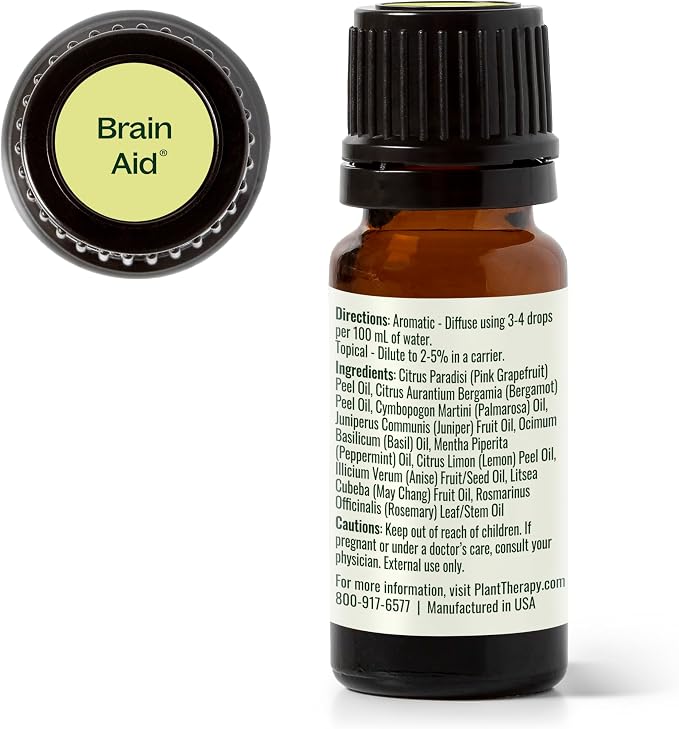 Plant Therapy Brain Aid Essential Oil Blend 10 mL (1/3 oz), 100% Pure & Undiluted, Aromatherapy for Focus, Concentration & Mental Clarity