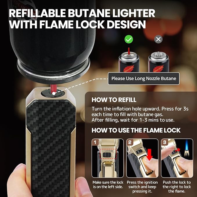 Butane Torch Lighter Kitchen Torch with Safety Lock, Butane Refillable Gas Lighter Cooking Torch - Adjustable Windproof Jet Flame for Camping Baking BBQ Soldering Grill Candle (Gas Not Included)