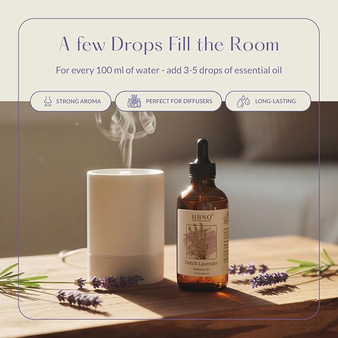 HBNO California Bottled Dutch Lavender Essential Oil 4 fl oz (120ml) - Natural Lavender Oil for Skin, Perfect for Cleaning, Aromatherapy, DIY & Diffuser