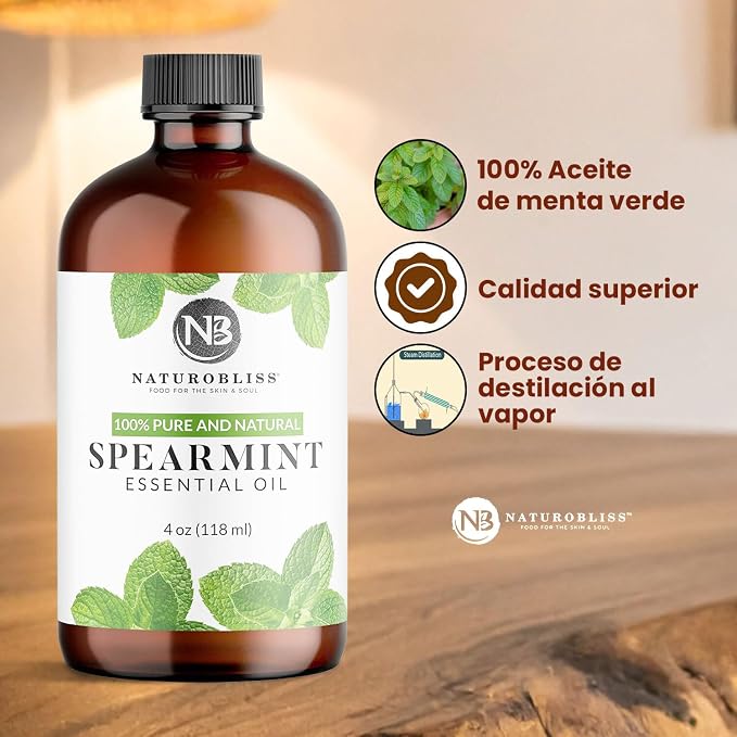 NaturoBliss Spearmint Essential Oil, 100% Pure and Natural Therapeutic Grade, Premium Quality Spearmint Oil, 4 fl. Oz - Perfect for Aromatherapy and Relaxation