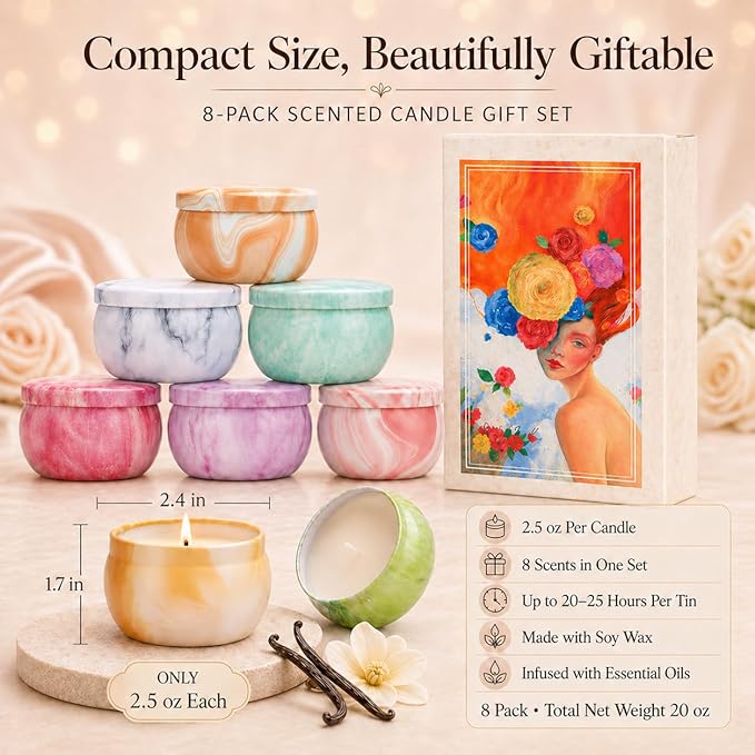 Candles, Scented Candles Gift Set for Women, 8 Pack Fruity Floral Soy Wax Aromatherapy Candles, Travel Tin Candles in Artist Gift Box, Birthday Gifts for Mom, Wife, Sister, Friend, Housewarming
