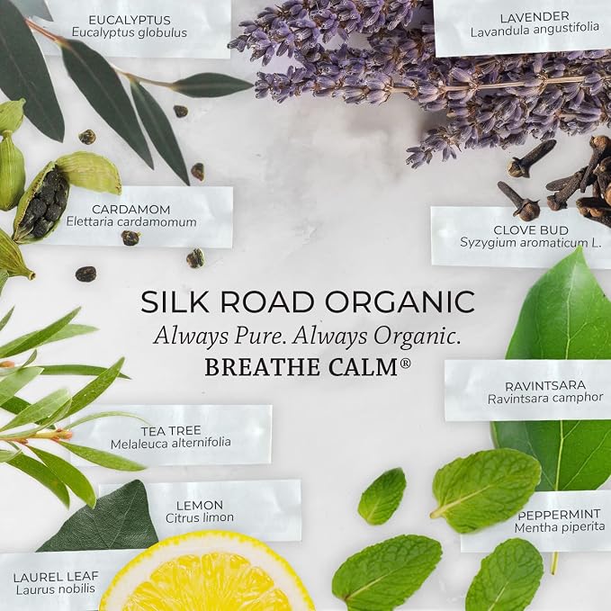 Silk Road Organic Breathe Calm Essential Oil Breathe Easy Blend Roll On, 100% Pure USDA Certified Aromatherapy for Cold, Cough, Congestion, Allergy & Sinus Relief - 10 ml Roller