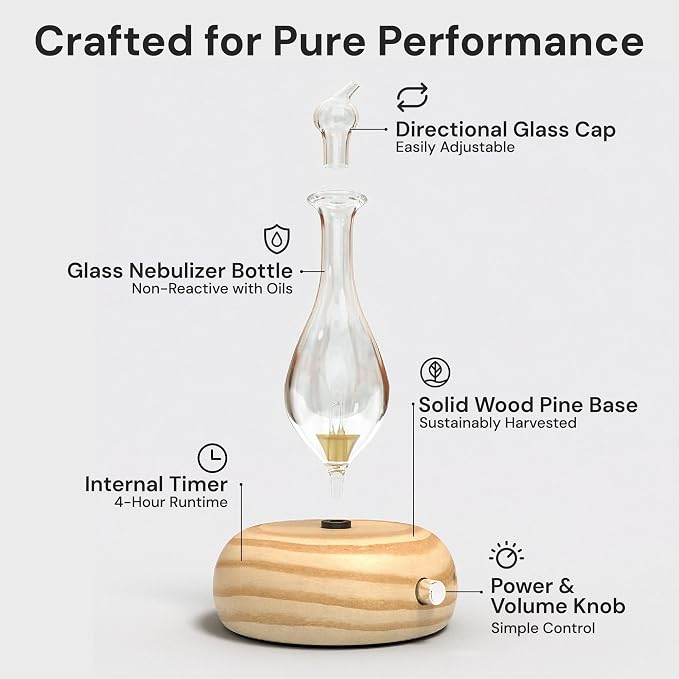 ArOmis Premium Glass Essential Oils Nebulizer - Waterless Diffuser for Aromatherapy - Handmade Oil Diffuser, Wooden Base, No Plastic, No Heat, No Battery, No LEDs - Orbis Lux Merus