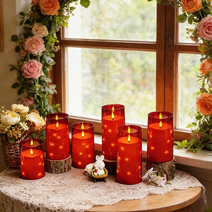 kakoya Flameless LED Candles with Timer 12 Pc Flickering Flameless Candles for Romantic Ambiance and Home Decoration Stable Acrylic Shell,with Embedded Star String,Battery Operated Candles(Red)