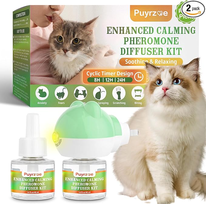 puyrzoe Cat Calming Diffuser with Timing Function, 3-in-1 Cat Pheromones Calming Diffuser Kit, 60-Day Anxiety Relief, Stress Relaxation Cat Pheromone Diffuser for All Cats (1 Diffuser + 2 Refills)